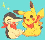  :3 :d ^_^ bandanna black_eyes blue_background blush closed_eyes clothed_pokemon commentary_request cyndaquil hideko_(l33l3b) highres holding no_humans open_mouth pikachu pokemon simple_background sitting smile star 