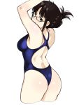  1girl akizuki_ritsuko antenna_hair armpits arms_up ass back back_cutout bangs bare_arms bare_shoulders black-framed_eyewear blue_swimsuit blunt_bangs blush breasts brown_eyes brown_hair closed_mouth competition_swimsuit cowboy_shot cropped_legs eyebrows_visible_through_hair folded_ponytail glasses highres humiyou idolmaster medium_breasts one-piece_swimsuit shiny shiny_hair short_hair sidelocks simple_background smile solo standing swimsuit white_background 