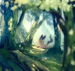  closed_eyes commentary_request dappled_sunlight day forest from_side grass leafeon light_rays manino_(mofuritaionaka) nature no_humans open_mouth outdoors pokemon pokemon_(creature) scenery sitting sunlight tree yawning 