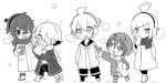  5boys :3 ahoge bandage barefoot boots coat earmuffs eating eyebrows_visible_through_hair fukase greyscale hair_over_one_eye kagamine_len looking_at_another male_focus mizuhoshi_taichi monochrome multiple_boys necktie oliver_(vocaloid) ryuuto_(vocaloid) utatane_piko vocaloid winter_clothes winter_coat 