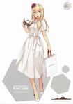  1girl absurdres bag blonde_hair blue_eyes dress flower full_body high_heels highres kantai_collection konishi_(koconatu) mitsukoshi_(department_store) official_art open_mouth red_flower red_rose ribbon_trim rose sunglasses warspite_(kantai_collection) white_dress 