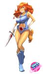  1girl 80s absurdres belt boots breasts full_body genderswap genderswap_(mtf) hand_on_hip highres large_breasts leotard lion-o looking_at_viewer oldschool one3four! short_sword simple_background solo sword tail thundercats tongue tongue_out weapon 