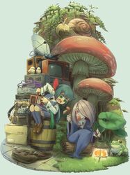  2girls barrel bird cauldron constanze_amalie_von_braunschbank-albrechtsberger cooking eating ebi_typer fire frog giant_mushroom green_eyes green_hair hair_over_one_eye highres little_witch_academia log luna_nova_school_uniform mechanical_arm multiple_girls mushroom pink_hair radio red_eyes robe satellite_dish screwdriver sitting snail sucy_manbavaran television 