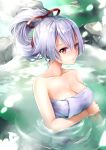  1girl bathing breasts fate/grand_order fate_(series) folded_ponytail hane_yuki highres japanese_clothes large_breasts long_hair looking_at_viewer naked_towel onsen partially_submerged ponytail red_eyes solo steam tomoe_gozen_(fate/grand_order) towel 