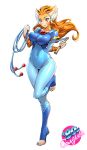  1girl 80s absurdres bodysuit breasts covered_navel full_body genderswap genderswap_(mtf) highres large_breasts looking_at_viewer oldschool one3four! simple_background solo sweatdrop tail thundercats toes tygra whip 