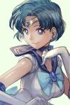  bishoujo_senshi_sailor_moon blue_background blue_hair blue_neckwear blue_sailor_collar bow bowtie bright_pupils closed_mouth elbow_gloves gem gloves hand_on_own_chest hand_up hankuri looking_at_viewer puffy_short_sleeves puffy_sleeves sailor_collar sailor_mercury shirt short_sleeves simple_background smile tiara upper_body violet_eyes white_gloves white_shirt 