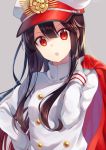  1girl artist_name black_hair cape cape_removed double-breasted family_crest fate_(series) gloves grey_background hair_between_eyes hand_on_hip hat head_tilt highres koha-ace long_hair nonono oda_nobunaga_(fate) oda_uri open_mouth over_shoulder peaked_cap red_cape red_eyes sidelocks solo uniform upper_body white_gloves white_uniform 