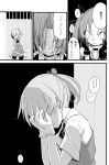  2girls bangs bare_shoulders barred_window bike_shorts choker collared_shirt comic dark_persona door door_handle eyes_visible_through_hair gloves greyscale grin hair_ornament hands_on_own_face hands_up indoors kagerou_(kantai_collection) kakizaki_(chou_neji) kantai_collection monochrome multiple_girls neck_ribbon no_eyes pleated_skirt ponytail ribbon school_uniform shaded_face shinkaisei-kan shiranui_(kantai_collection) shirt short_sleeves shorts_under_skirt skirt smile translation_request twintails vest 