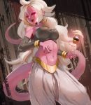  1girl android_21 bare_shoulders black_nails black_sclera breasts detached_sleeves dragon_ball dragon_ball_fighterz fangs kazo long_hair majin_android_21 midriff monster_girl nail_polish navel open_mouth pants pink_skin red_eyes solo tail teeth tongue tongue_out white_hair 