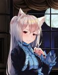  1girl animal_ears bangs breast_hold breasts cat_ears choker city curtains dress full_moon hair_between_eyes indoors large_breasts long_hair looking_at_viewer moon natori_youkai night nora_cat nora_cat_channel red_eyes smile solo two_side_up very_long_hair white_hair window wristband 