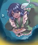  1girl :d blue_eyes blue_hair bubble commentary drill_hair gold head_fins heart highres japanese_clothes kimono mermaid monster_girl open_mouth smile solo swimming touhou underwater wakasagihime yururi_nano 