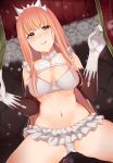  1girl ashino bangs blunt_bangs blurry blush bra breasts cleavage closed_mouth commentary_request curtain_grab curtains depth_of_field elbow_gloves eyebrows_visible_through_hair fate/grand_order fate_(series) frilled_skirt frills gloves highres long_hair looking_at_viewer medb_(fate/grand_order) medium_breasts navel panties pink_hair see-through skirt solo spread_legs tiara tongue tongue_out underwear white_bra white_panties white_skirt yellow_eyes 