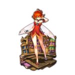  1girl ahoge arm_garter bare_legs blush book book_stack bookshelf dress full_body globe gradient_hair hand_to_head holding last_period looking_at_viewer multicolored_hair neck_garter official_art orange_hair red_dress red_eyes red_footwear redhead short_hair solo standing strapless strapless_dress transparent_background wings 