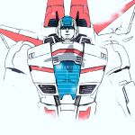  1boy 80s autobot blue_eyes headgear jetfire looking_at_viewer mechanical_wings no_humans oldschool open_mouth simple_background snow snowing solo transformers u1f355 upper_body white_background wings 