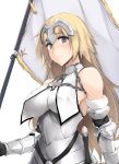  1girl blonde_hair blue_eyes breasts commentary_request fate/grand_order fate_(series) flag headpiece jeanne_d&#039;arc_(fate) jeanne_d&#039;arc_(fate)_(all) long_hair looking_at_viewer medium_breasts simple_background smile solo white_background zekkyon 