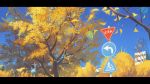  autumn_leaves blue_sky commentary_request day huanxiang_huifeng leaf letterboxed no_humans original outdoors road_sign scenery sign sky traffic_light tree 