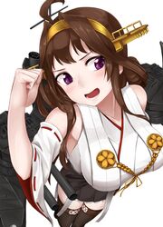  1girl aa_gun ahoge armpits black_skirt blush boots breasts brown_hair cannon collarbone detached_sleeves double_bun from_below hairband headgear highres hinacalibur japanese_clothes kantai_collection kongou_(kantai_collection) large_breasts long_hair mast nontraditional_miko open_mouth remodel_(kantai_collection) ribbon-trimmed_sleeves ribbon_trim skirt smile solo standing thigh-highs thigh_boots turret violet_eyes white_background 