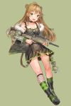  1girl :d ahoge ankle_wraps bag bangs bare_shoulders black_dress black_footwear blush bow breasts camouflage cleavage coat collarbone double_bun dress eyebrows_visible_through_hair fishnets full_body fur_trim girls_frontline green_bow green_eyes green_legwear gun hair_bow highres holding holding_gun holding_weapon jewelry kkrin1013 kneehighs long_hair long_sleeves mary_janes mismatched_legwear necklace off_shoulder open_clothes open_coat open_mouth pendant rfb_(girls_frontline) shoes small_breasts smile solo straight_hair striped striped_legwear stuffed_animal stuffed_toy teddy_bear trigger_discipline vertical-striped_legwear vertical_stripes weapon 