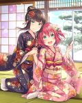  2girls :d aqua_eyes bangs black_hair blunt_bangs card closed_mouth commentary_request eyebrows_visible_through_hair flower hair_bun hair_flower hair_ornament hair_up hand_holding highres holding holding_card japanese_clothes kanzashi kimono kneeling kurosawa_dia kurosawa_ruby looking_at_viewer love_live! love_live!_school_idol_festival love_live!_sunshine!! mole mole_under_mouth multiple_girls obi open_mouth redhead revision sakou_mochi sash siblings sidelocks sisters sitting sliding_doors smile snow tabi two_side_up wide_sleeves 