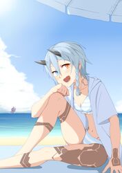  1girl :d absurdres bangs bikini blue_bikini blue_eyes blue_hair blue_sky blush breasts clouds commentary_request day eyebrows_visible_through_hair from_side hair_between_eyes heterochromia highres horns io_(pso2) knee_up looking_at_viewer looking_to_the_side navel open_mouth orange_eyes outdoors parasol phantasy_star phantasy_star_online phantasy_star_online_2 round_teeth shiver_(siva-hl) short_hair short_sleeves sidelocks sitting sky smile solo striped striped_bikini swimsuit teeth umbrella 