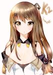  1girl bangs bare_shoulders black_ribbon blush breasts brown_eyes brown_hair cleavage closed_mouth detached_collar eyebrows_visible_through_hair girls_frontline hair_ornament hair_ribbon hairclip jacket k-2_(girls_frontline) large_breasts long_hair looking_at_viewer low-tied_long_hair open_clothes open_jacket ribbon seo sidelocks simple_background solo straight_hair upper_body white_background white_jacket wing_collar 