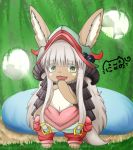  1girl :3 :d animal_ears bangs barefoot bed commentary_request day ears_through_headwear eyebrows_visible_through_hair fang full_body green_eyes hand_to_own_mouth hat highres horns indoors long_hair looking_at_viewer made_in_abyss nanachi_(made_in_abyss) navel nyano21 open_mouth pants paws puffy_pants signature silver_hair smile solo standing sunlight tail topless very_long_hair whiskers 