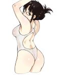  1girl akizuki_ritsuko antenna_hair armpits arms_up ass back back_cutout bangs bare_arms bare_shoulders black-framed_eyewear blunt_bangs blush breasts brown_eyes brown_hair closed_mouth competition_swimsuit cowboy_shot cropped_legs eyebrows_visible_through_hair folded_ponytail glasses highres humiyou idolmaster medium_breasts one-piece_swimsuit shiny shiny_clothes shiny_hair short_hair sidelocks simple_background smile solo standing swimsuit wet wet_clothes wet_swimsuit white_background white_swimsuit 