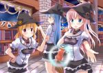  3girls :d black_hat black_skirt blonde_hair blue_eyes blue_hair blush bookshelf broom commentary_request frilled_skirt frills hand_on_hip hand_up hat hat_ornament inside jam long_hair multiple_girls open_mouth original pink_eyes short_twintails skirt smile standing thumbs_up tile_floor tiles tsuchinokokyumu twintails twitter_username witch_hat yellow_eyes 