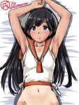  1girl armpits arms_behind_back black_eyes black_hair blush breasts cleavage collarbone i-400_(kantai_collection) kantai_collection long_hair lying navel no_pants on_back on_bed open_mouth school_uniform serafuku small_breasts solo tatsumi_rei upper_body 