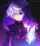  1boy add_(elsword) animal_hood black_sclera bodysuit cat_hood colored elsword expressionless facial_tattoo gloves hand_on_own_chest highres hood mad_paradox_(elsword) pixel_(monorainy) shaded_face silver_hair simple_background tattoo twitter_username violet_eyes younger 
