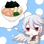  1girl ahoge blush_stickers braid breasts drooling finger_to_mouth food kishin_sagume kuroki_horse noodles ramen red_eyes simple_background solo tied_hair touhou white_hair 