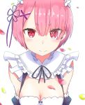  1girl alternate_breast_size apron breasts cleavage commentary_request detached_sleeves eyes_visible_through_hair hair_ornament hair_over_one_eye highres large_breasts looking_at_viewer maid maid_headdress minami_osu pink_eyes pink_hair pink_ribbon purple_ribbon ram_(re:zero) re:zero_kara_hajimeru_isekai_seikatsu ribbon ribbon-trimmed_clothes ribbon_trim short_hair solo underbust white_apron x_hair_ornament 