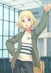  1girl arm_up blonde_hair blue_eyes hand_on_hip jacket open_mouth original peroncho short_hair solo window 