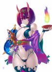  1girl bob_cut breasts cup eyebrows_visible_through_hair fate/grand_order fate_(series) horns looking_at_viewer medium_breasts navel nyanko_batake oni oni_horns pale_skin pink_eyes purple_hair sakazuki shuten_douji_(fate/grand_order) simple_background solo standing thigh-highs white_background 