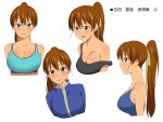 1girl blush breasts brown_hair character_sheet cleavage commentary_request fang grin hair_ribbon high_ponytail highres jacket kagemusha large_breasts looking_at_viewer measurements one-piece_swimsuit original profile ribbon school_uniform smile solo sports_bra strap_slip sweatdrop swimsuit tan tanline track_jacket translation_request 