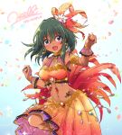  1girl :d armlet arms_up bangs bare_shoulders blush breasts bridal_gauntlets character_name cherry_blossoms collarbone commentary_request crop_top crystal_earrings dark_skin dot_nose earrings eyebrows_visible_through_hair eyelashes eyes_visible_through_hair feathers gem gloves gold_trim green_eyes hair_between_eyes hair_feathers hair_intakes halter_top halterneck happy harumi039 hoop_earrings idolmaster idolmaster_cinderella_girls idolmaster_cinderella_girls_starlight_stage jewelry knee_up lace lace-trimmed_gloves long_hair looking_at_viewer medium_breasts midriff nail_polish natalia_(idolmaster) navel open_mouth pink_nails purple_gloves raised_eyebrows simple_background skirt smile solo sparkle standing standing_on_one_leg stomach stomach_tattoo translated violet_eyes white_background 