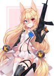  1girl :o animal_ears asymmetrical_legwear bangs barcode blue_eyes blush eyebrows_visible_through_hair g41_(girls_frontline) girls_frontline gun h&amp;k_g41 hair_between_eyes heterochromia highres holding long_hair looking_at_viewer low_twintails mechanical_arms miniskirt navel open_mouth painteen pleated_skirt red_eyes simple_background skirt solo standing standing_on_one_leg thigh_strap trigger_discipline twintails very_long_hair weapon white_skirt 