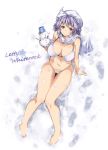  1girl bare_arms bare_legs bare_shoulders barefoot bikini breasts bucket character_name cleavage expressionless eyebrows_visible_through_hair from_above full_body hat large_breasts lavender_eyes lavender_hair letty_whiterock looking_at_viewer ototobe scarf snow snowman solo string_bikini swimsuit thigh_gap touhou white_background white_bikini white_hat white_scarf 