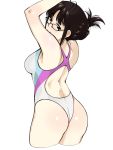  1girl akizuki_ritsuko antenna_hair armpits arms_up ass back back_cutout bangs bare_arms bare_shoulders black-framed_eyewear blunt_bangs blush breasts brown_eyes brown_hair closed_mouth competition_swimsuit cowboy_shot cropped_legs eyebrows_visible_through_hair folded_ponytail glasses highres humiyou idolmaster medium_breasts multicolored multicolored_clothes multicolored_swimsuit one-piece_swimsuit shiny shiny_hair short_hair sidelocks simple_background smile solo standing swimsuit white_background 