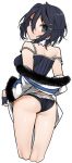  1girl asagiri_asagi ass black_eyes black_hair blush coat disgaea eyebrows_visible_through_hair eyes_visible_through_hair from_behind fur_trim hair_ornament hairclip highres kochiya_(gothope) looking_at_viewer looking_back nippon_ichi short_hair solo underwear undressing white_background 