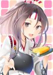  1girl :d brown_eyes brown_hair commentary egg_roll hachimaki headband high_ponytail holding holding_plate japanese_clothes kantai_collection long_hair looking_at_viewer muneate omelet open_mouth plate smile solo tamagoyaki upper_body yuna_(yukiyuna) zuihou_(kantai_collection) 