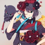  1girl artist_request black_hair blue_eyes closed_mouth fate/grand_order fate_(series) flower hair_flower hair_ornament hairpin highres japanese_clothes katsushika_hokusai_(fate/grand_order) kimono looking_at_viewer mouth_hold obi octopus one_eye_closed sash short_hair solo 