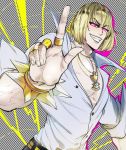  1boy blonde_hair bob_cut eyebrows_visible_through_hair fate/grand_order fate_(series) grin jewelry male_focus necklace patterned_background pectorals popped_collar ring sakata_kintoki_(fate/grand_order) shirt short_hair smile solo sunglasses twitter_username veins white_shirt 