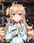  1girl animal_ears bare_shoulders blonde_hair book bookshelf bow braid choker collarbone drill_hair eyebrows_visible_through_hair finger_to_mouth green_eyes hair_between_eyes hair_bow hair_ribbon highres holding holding_book index_finger_raised library long_hair looking_at_viewer natori_youkai off-shoulder_sweater one_side_up original ribbon side_braid sleeves_past_wrists smile solo sweater white_sweater 