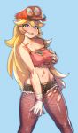  1girl adapted_costume blonde_hair blue_background blue_eyes blush bow_(bhp) breasts cappy_(mario) crop_top cutoffs fishnet_pantyhose fishnets gloves large_breasts long_hair mario super_mario_bros. midriff navel no_bra pantyhose possessed princess_peach revision self_fondle short_shorts shorts solo spaghetti_strap strap_slip super_mario_bros. super_mario_odyssey torn_clothes torn_pantyhose under_boob very_long_hair white_gloves 