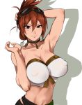  1girl arm_behind_head armpits breasts cleavage erect_nipples folded_ponytail goggles goggles_on_head large_breasts midriff navel redhead sagara1990 sengoku_taisen simple_background smirk solo sugino_ookata white_background 