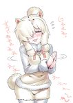  1girl alpaca_ears alpaca_suri_(kemono_friends) alpaca_tail blonde_hair blush closed_eyes flying_sweatdrops fur-trimmed_sleeves fur_collar fur_trim hair_over_one_eye hands_up kemono_friends long_hair long_sleeves open_mouth own_hands_together pantyhose pantyhose_under_shorts shorts simple_background smile solo standing sweater_vest tsuki_wani upper_body white_background 