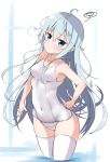  1girl absurdres ahoge armpits blue_eyes commentary_request cowboy_shot hibiki_(kantai_collection) highres kantai_collection kirikan long_hair looking_at_viewer navel school_swimsuit silver_hair solo standing swimsuit white_legwear white_school_swimsuit white_swimsuit 