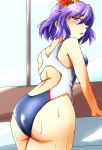  1girl ass back blue_swimsuit blush breasts competition_swimsuit d-m_(dii_emu) hair_ornament highres leaf_hair_ornament looking_at_viewer looking_back one-piece_swimsuit open_mouth pool purple_hair red_eyes short_hair smile solo swimsuit touhou wet wet_clothes wet_swimsuit yasaka_kanako 