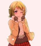  1girl ;d ankoiri brown_coat brown_gloves brown_hair clenched_hands coat flower gloves hair_flower hair_ornament hands_up koizumi_hanayo long_sleeves looking_at_viewer love_live! love_live!_school_idol_project one_eye_closed open_mouth pleated_skirt scarf short_hair simple_background skirt smile snowing solo violet_eyes white_scarf winter_clothes 